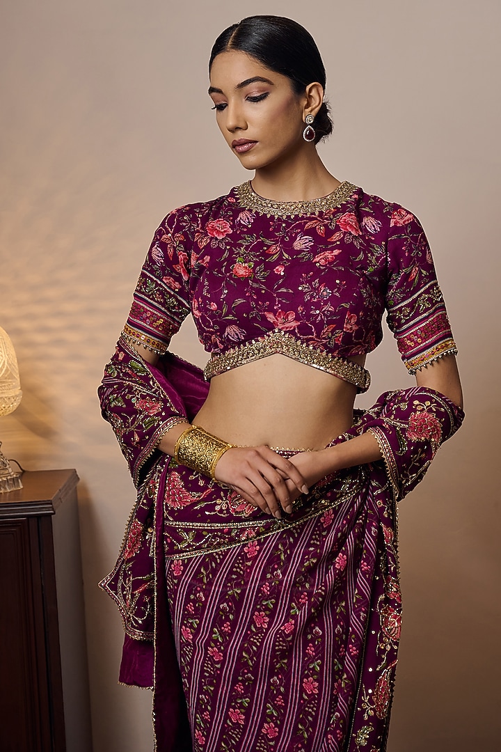 Plum Georgette Printed & Hand Embroidered Wedding Saree Set by Irrau by Samir Mantri at Pernia's Pop Up Shop