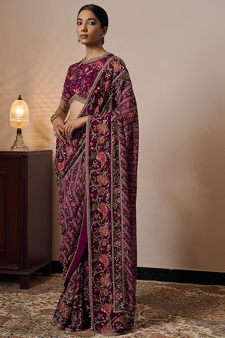 Plum Georgette Printed & Hand Embroidered Wedding Saree Set by Irrau by Samir Mantri at Pernia's Pop Up Shop