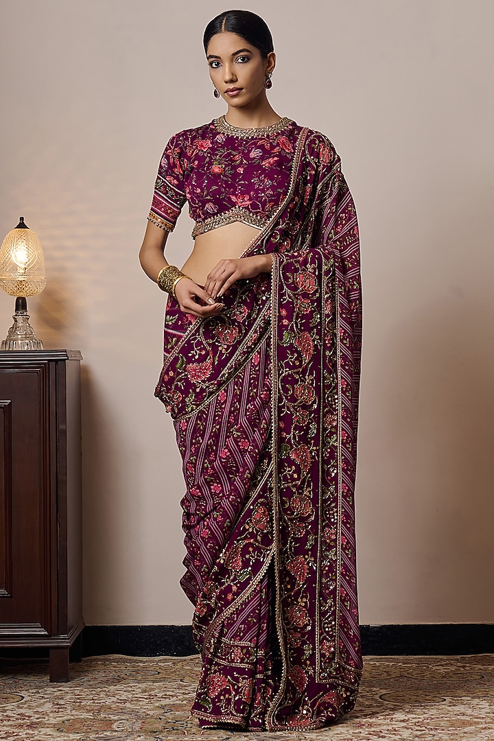 Plum Georgette Printed & Hand Embroidered Saree by Irrau by Samir Mantri at Pernia's Pop Up Shop