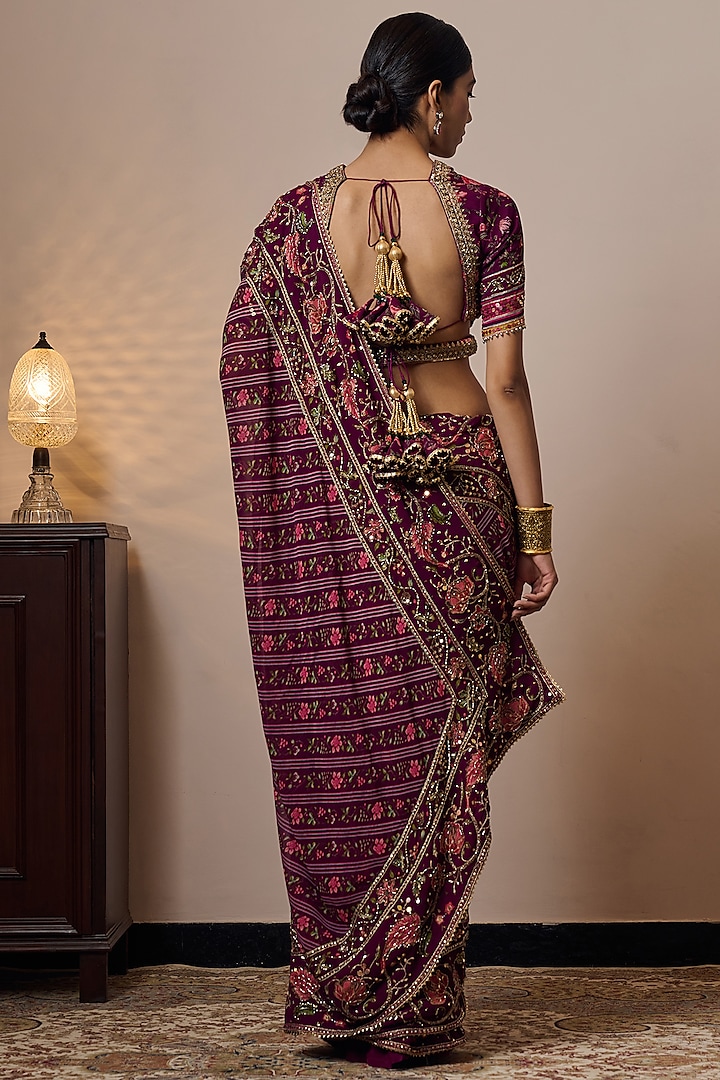 Plum Georgette Printed & Hand Embroidered Wedding Saree by Irrau by Samir Mantri at Pernia's Pop Up Shop