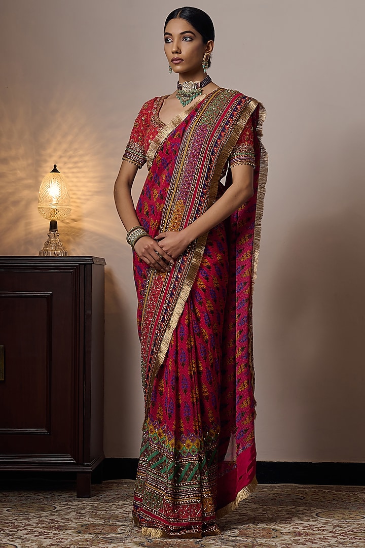 Multi-Colored Georgette Printed & Hand Embroidered Saree Set by Irrau by Samir Mantri at Pernia's Pop Up Shop