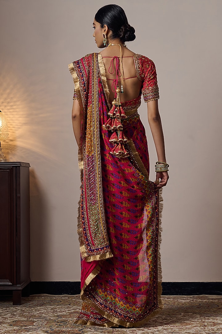 Multi-Colored Georgette Printed & Hand Embroidered Wedding Saree Set by Irrau by Samir Mantri at Pernia's Pop Up Shop