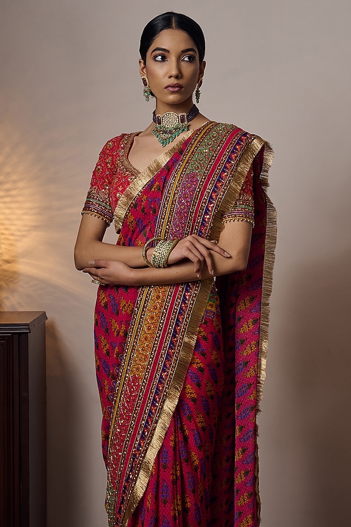 Multi-Colored Georgette Printed & Hand Embroidered Wedding Saree Set by Irrau by Samir Mantri at Pernia's Pop Up Shop