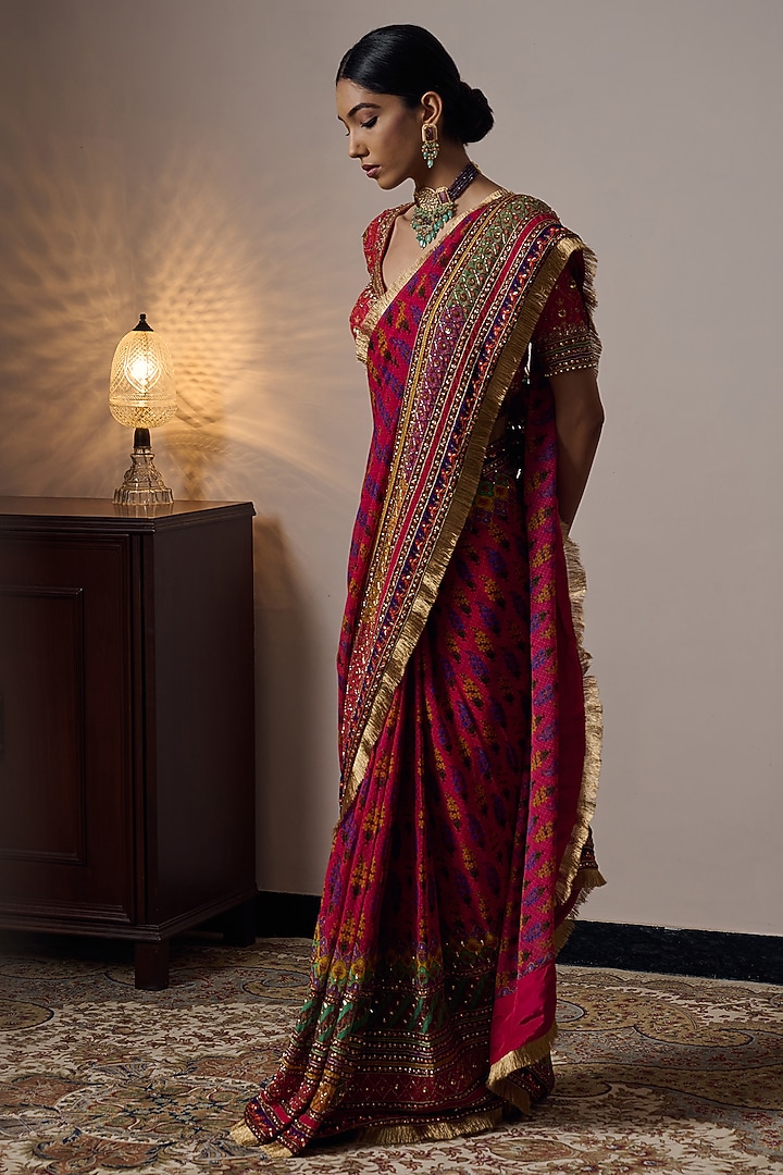 Multi-Colored Georgette Printed & Hand Embroidered Wedding Saree Set by Irrau by Samir Mantri at Pernia's Pop Up Shop