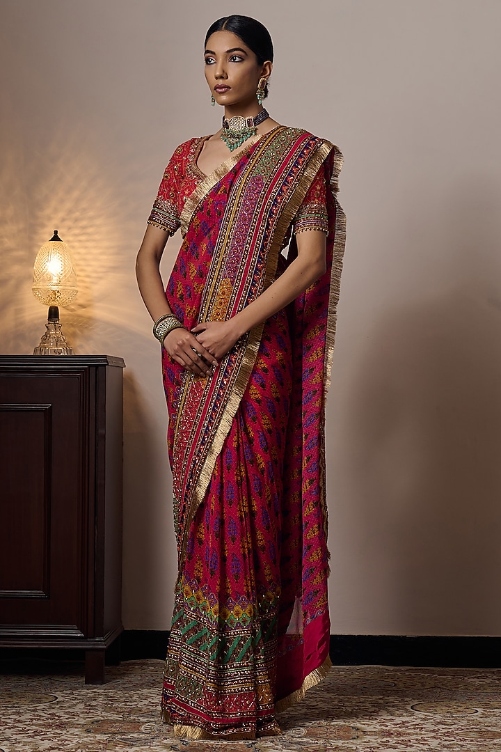 Multi-Colored Georgette Printed & Hand Embroidered Saree by Irrau by Samir Mantri at Pernia's Pop Up Shop