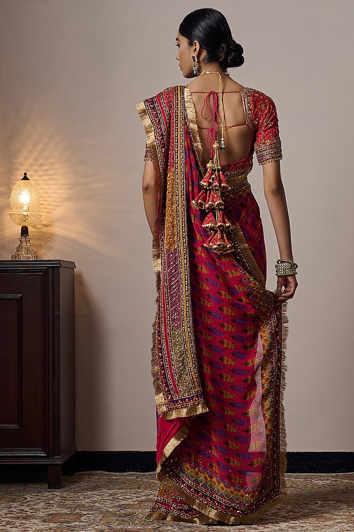 Multi-Colored Georgette Printed & Hand Embroidered Wedding Saree by Irrau by Samir Mantri at Pernia's Pop Up Shop