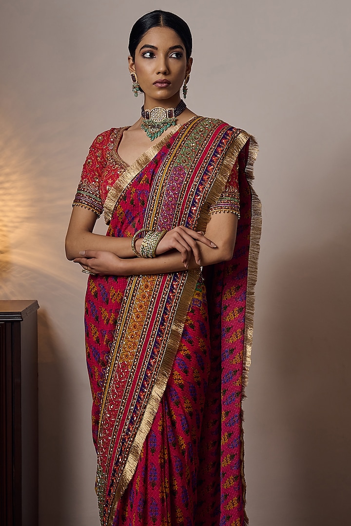 Multi-Colored Georgette Printed & Hand Embroidered Wedding Saree by Irrau by Samir Mantri at Pernia's Pop Up Shop