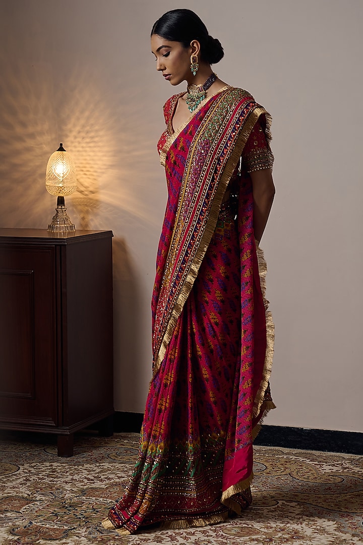 Multi-Colored Georgette Printed & Hand Embroidered Wedding Saree by Irrau by Samir Mantri at Pernia's Pop Up Shop