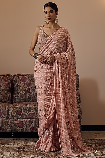 Peach Georgette Floral Hand Embroidered Reception Saree Set by Irrau by Samir Mantri at Pernia's Pop Up Shop