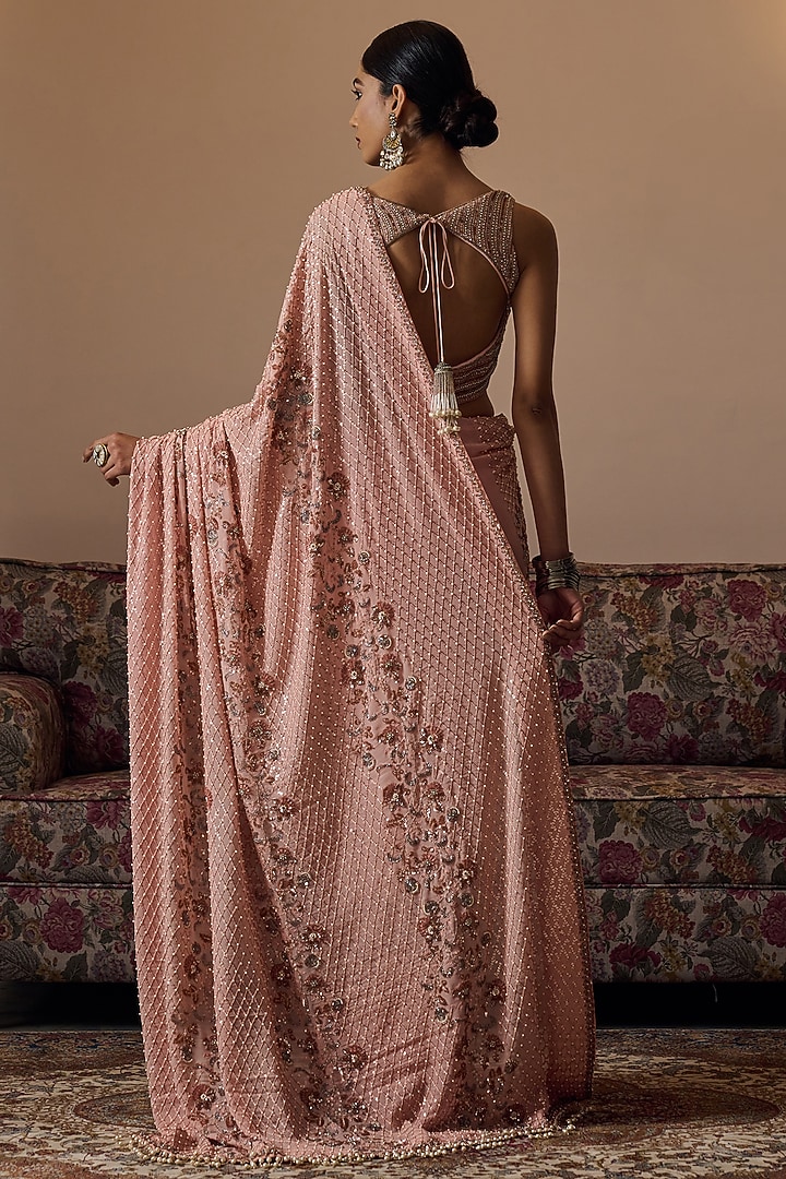 Peach Georgette Floral Hand Embroidered Reception Saree Set by Irrau by Samir Mantri at Pernia's Pop Up Shop