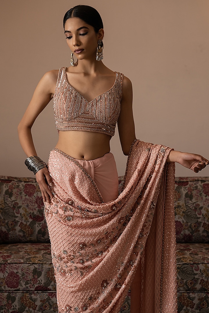 Peach Georgette Floral Hand Embroidered Reception Saree Set by Irrau by Samir Mantri at Pernia's Pop Up Shop