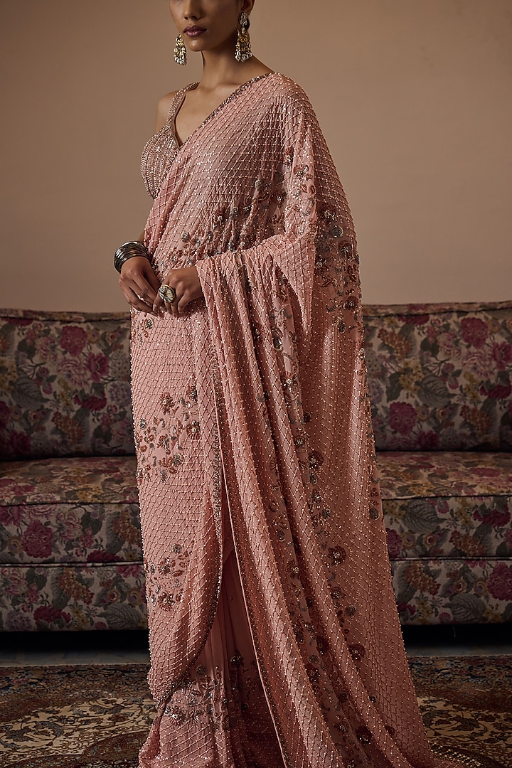 Peach Georgette Floral Hand Embroidered Reception Saree Set by Irrau by Samir Mantri at Pernia's Pop Up Shop