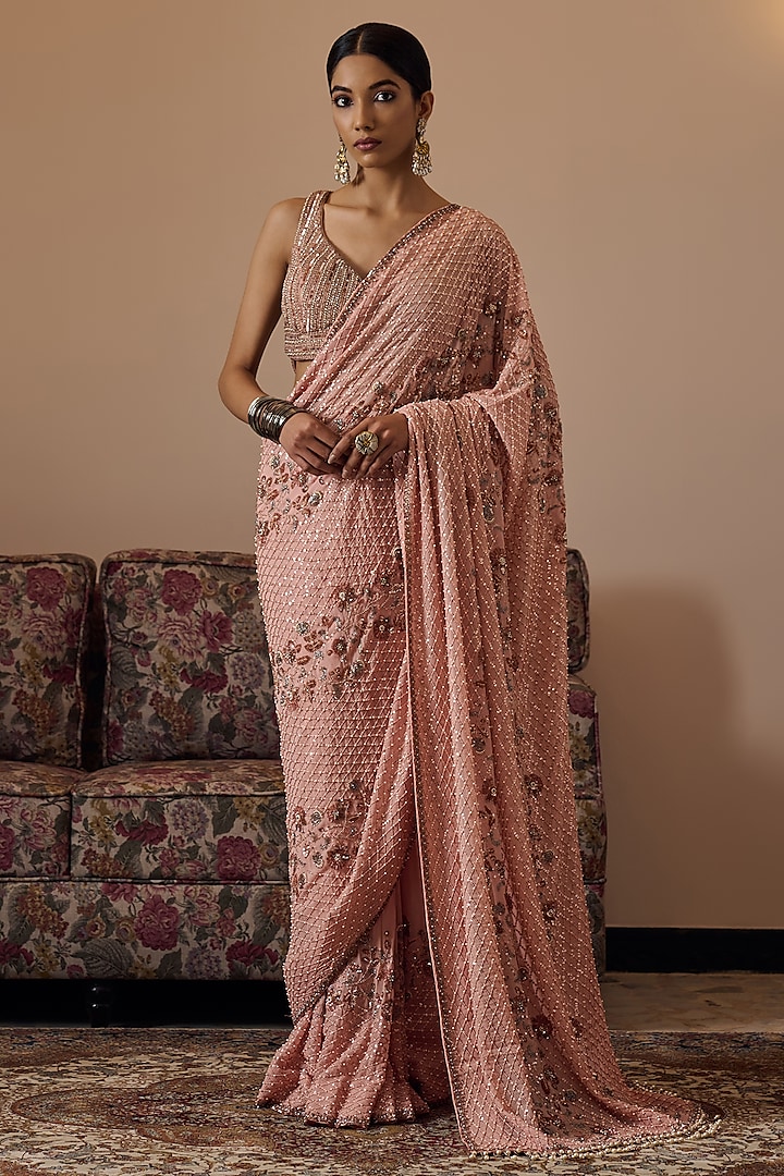 Peach Georgette Floral Hand Embroidered Saree by Irrau by Samir Mantri at Pernia's Pop Up Shop