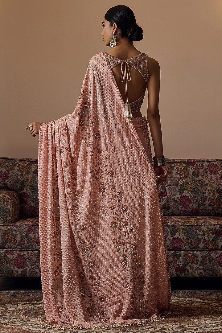 Peach Georgette Floral Hand Embroidered Reception Saree by Irrau by Samir Mantri at Pernia's Pop Up Shop