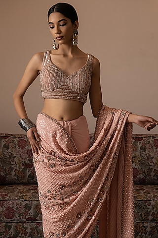 Peach Georgette Hand Embroidered Blouse by Irrau by Samir Mantri