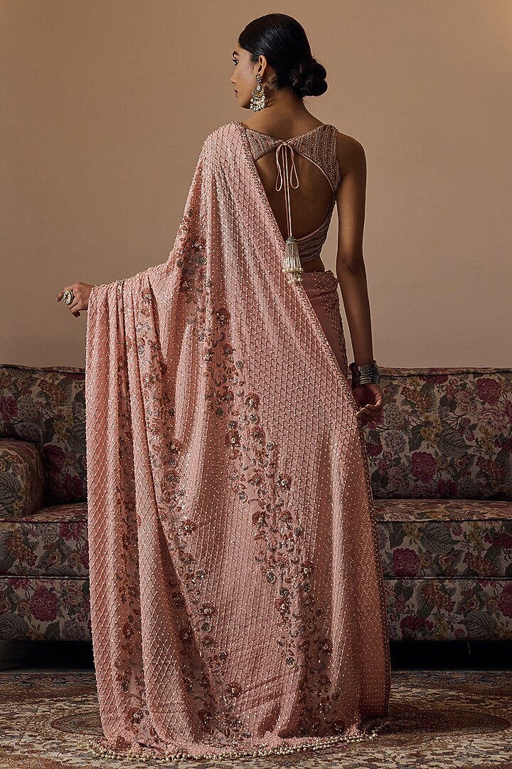 Peach Georgette Hand Embroidered Blouse by Irrau by Samir Mantri at Pernia's Pop Up Shop
