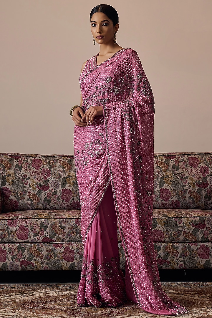 Rose Pink Georgette Hand Embroidered Saree Set by Irrau by Samir Mantri at Pernia's Pop Up Shop