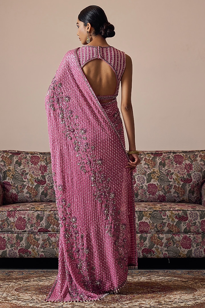 Rose Pink Georgette Hand Embroidered Reception Saree Set by Irrau by Samir Mantri at Pernia's Pop Up Shop