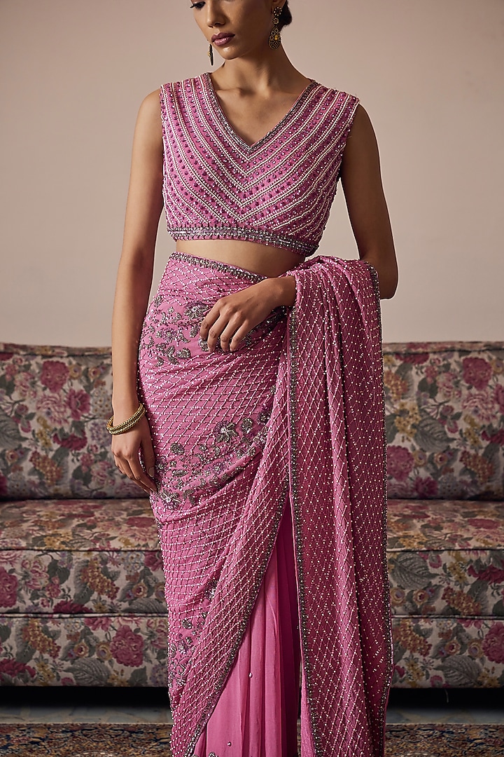 Rose Pink Georgette Hand Embroidered Reception Saree Set by Irrau by Samir Mantri at Pernia's Pop Up Shop