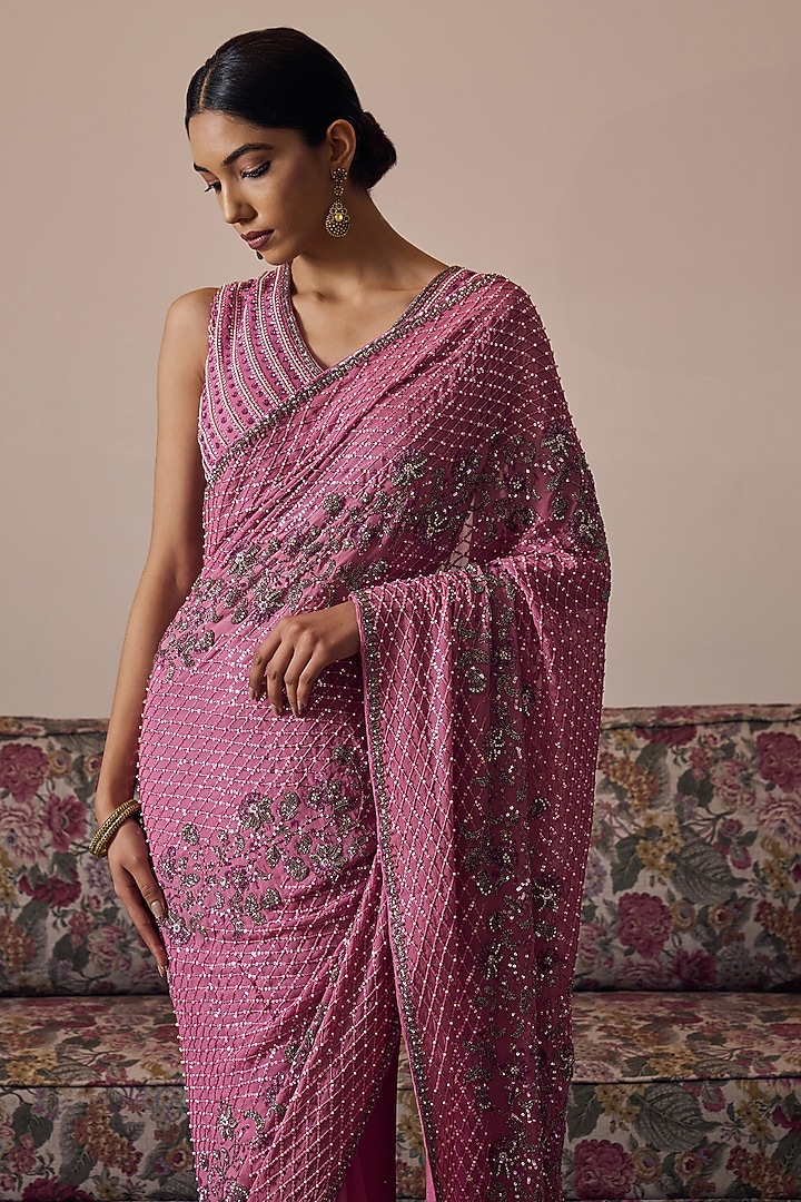 Rose Pink Georgette Hand Embroidered Reception Saree by Irrau by Samir Mantri at Pernia's Pop Up Shop