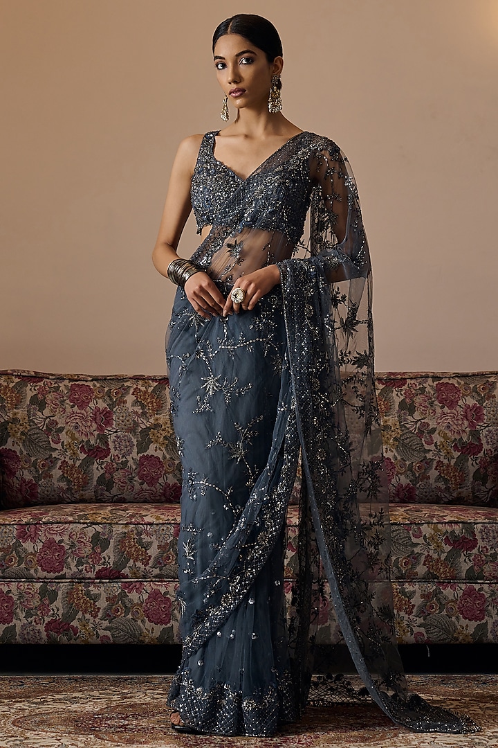 Grey Net Hand Embroidered Saree Set by Irrau by Samir Mantri at Pernia's Pop Up Shop