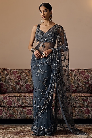 Grey Net Hand Embroidered Saree Set by Irrau by Samir Mantri