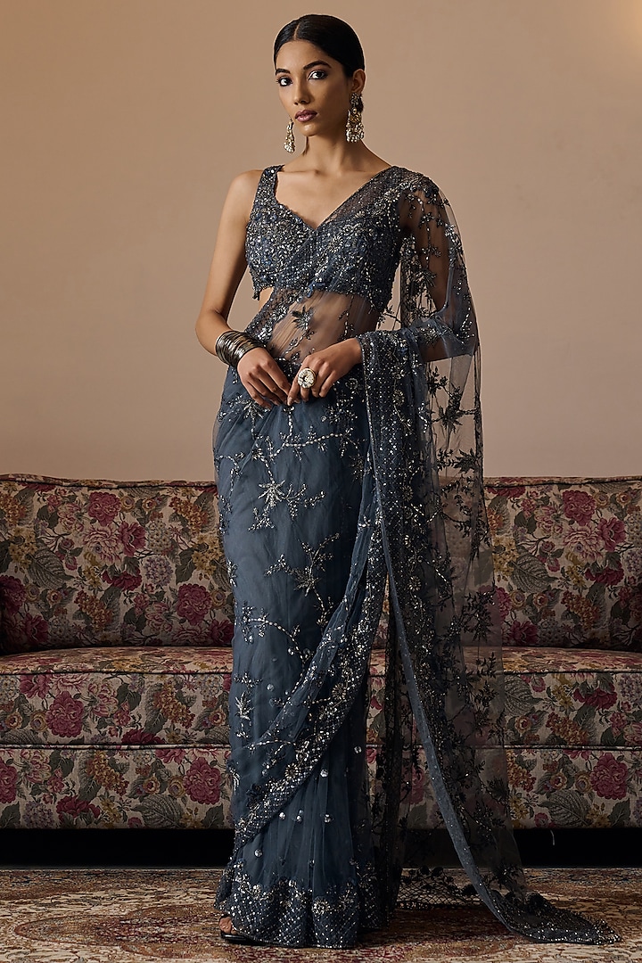 Grey Net Hand Embroidered Saree by Irrau by Samir Mantri at Pernia's Pop Up Shop