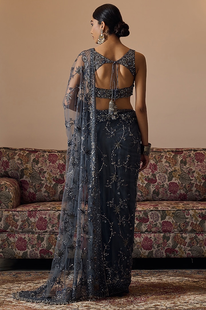 Grey Net Hand Embroidered Reception Saree by Irrau by Samir Mantri at Pernia's Pop Up Shop
