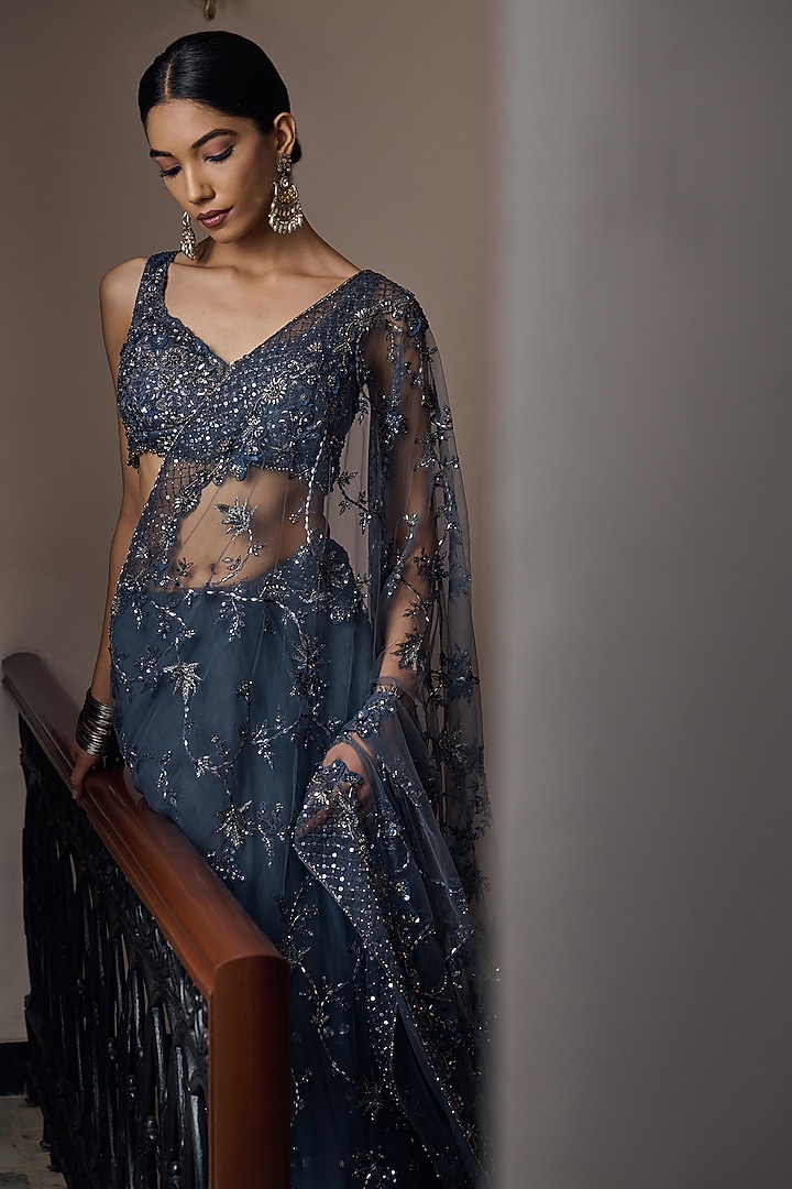 Grey Net Hand Embroidered Reception Saree by Irrau by Samir Mantri at Pernia's Pop Up Shop