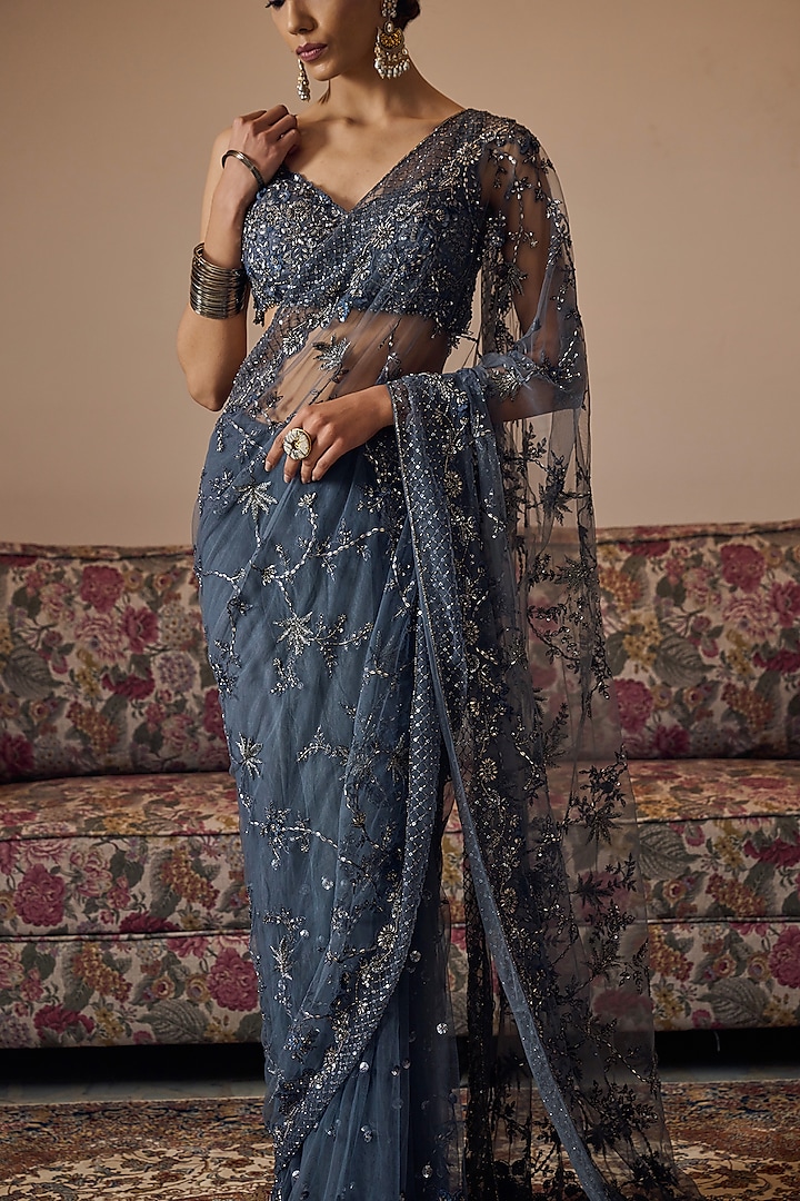 Grey Net Hand Embroidered Reception Saree by Irrau by Samir Mantri at Pernia's Pop Up Shop