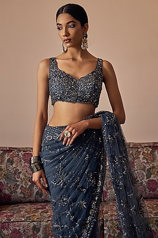 Grey Net Hand Embroidered Blouse by Irrau by Samir Mantri