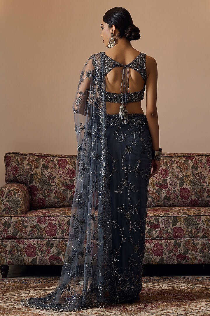Grey Net Hand Embroidered Blouse by Irrau by Samir Mantri at Pernia's Pop Up Shop