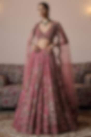 Dusty Rose Net Hand Embroidered Wedding Lehenga Set by Irrau by Samir Mantri at Pernia's Pop Up Shop