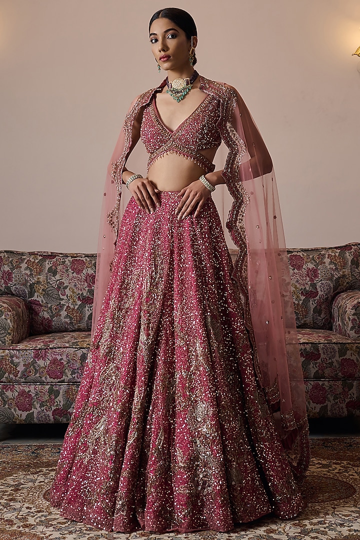 Dusty Rose Net Hand Embroidered Wedding Lehenga Set by Irrau by Samir Mantri at Pernia's Pop Up Shop