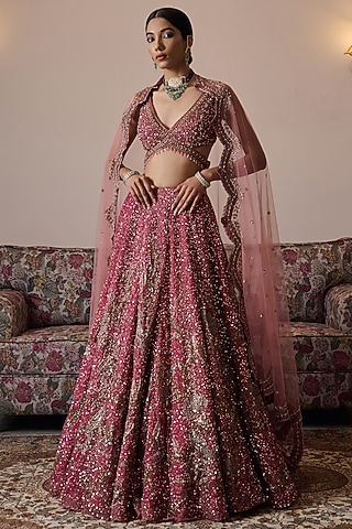 Dusty Rose Net Hand Embroidered Lehenga Set by Irrau by Samir Mantri