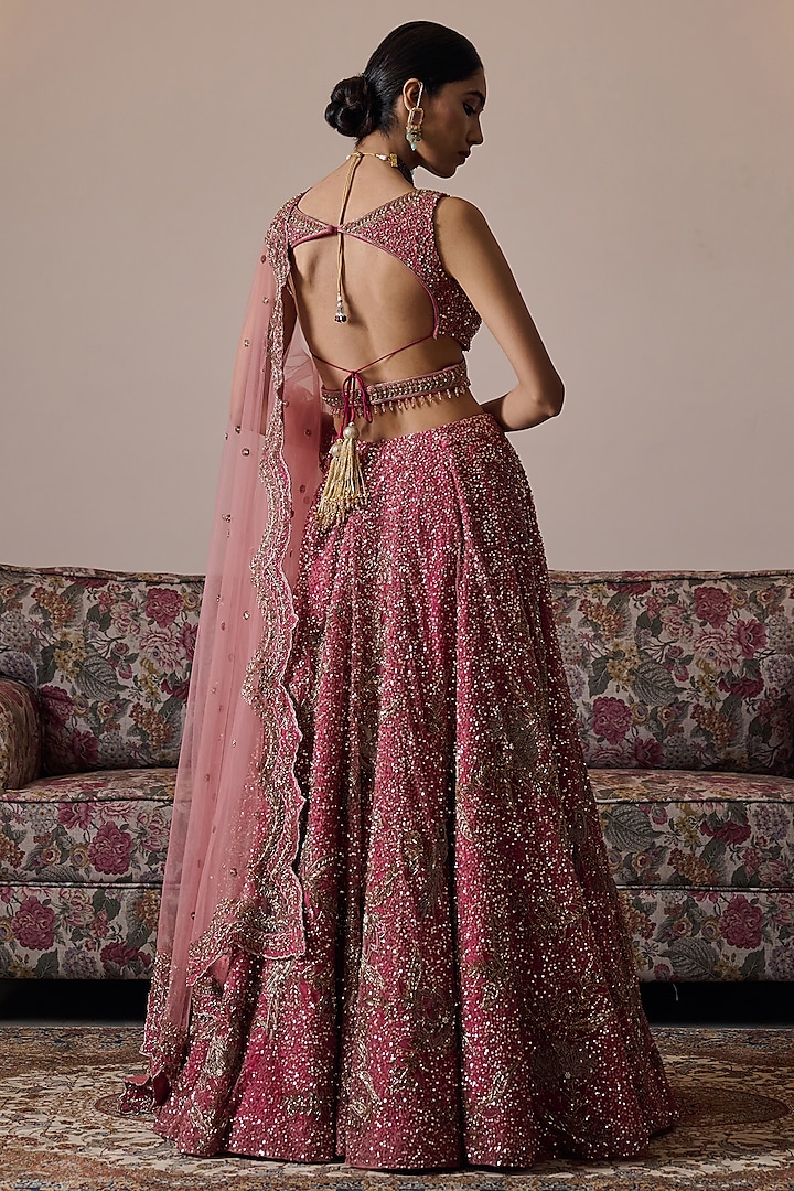 Dusty Rose Net Hand Embroidered Bridal Lehenga Set by Irrau by Samir Mantri at Pernia's Pop Up Shop