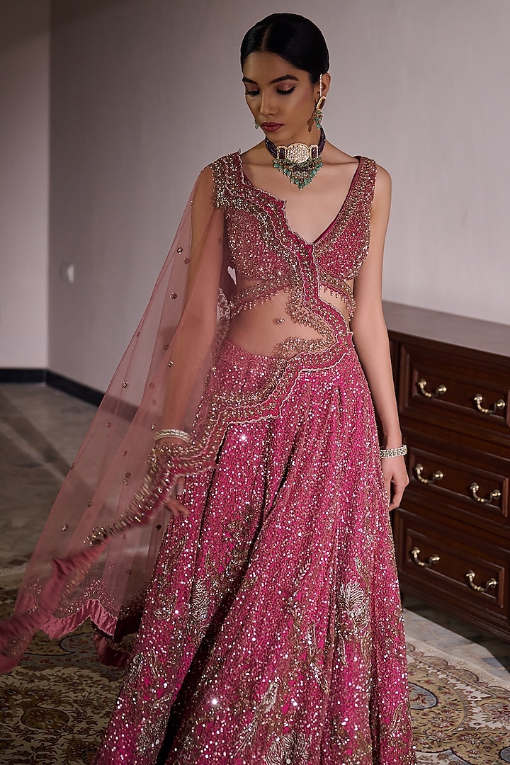 Dusty Rose Net Hand Embroidered Bridal Lehenga Set by Irrau by Samir Mantri at Pernia's Pop Up Shop