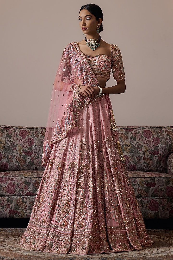 Dusty Rose Net Hand Embroidered Bridal Lehenga Set by Irrau by Samir Mantri at Pernia's Pop Up Shop