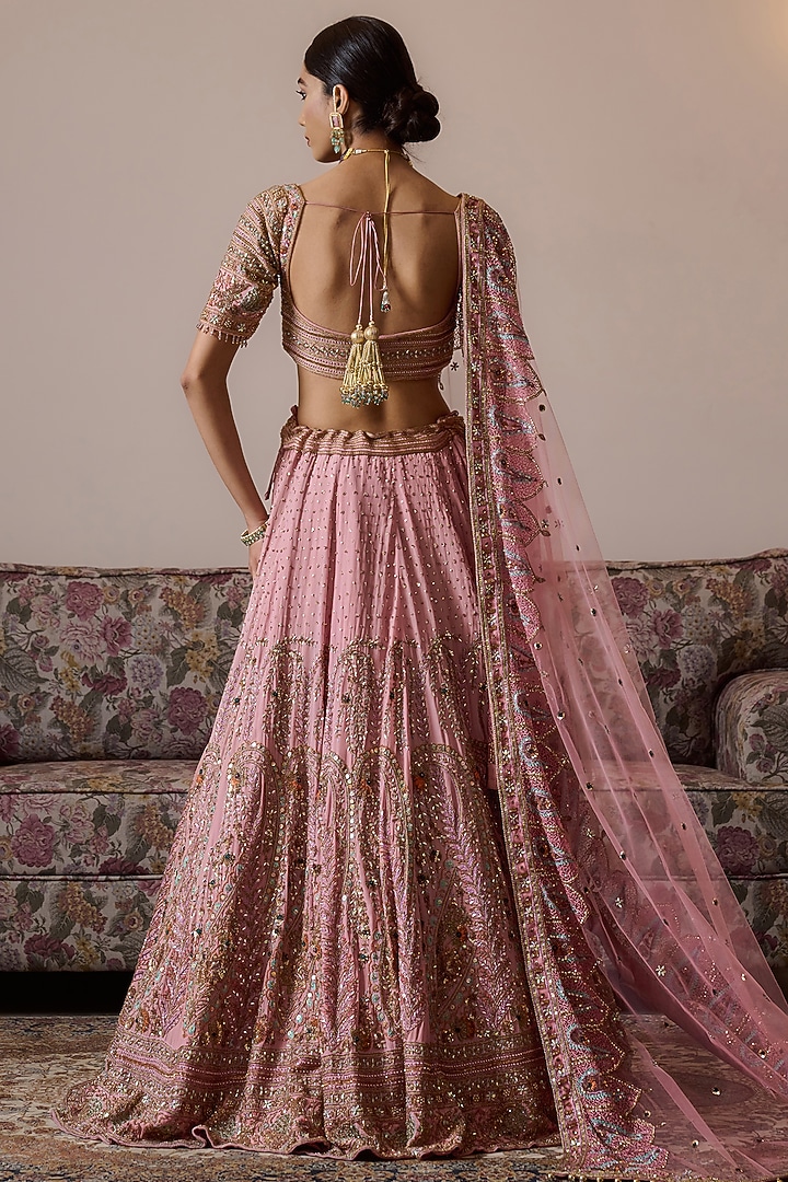Dusty Rose Net Hand Embroidered Bridal Lehenga Set by Irrau by Samir Mantri at Pernia's Pop Up Shop