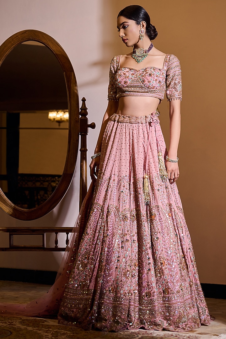 Dusty Rose Net Hand Embroidered Bridal Lehenga Set by Irrau by Samir Mantri at Pernia's Pop Up Shop