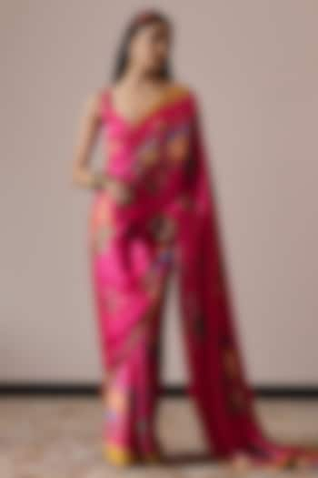 Fuchsia Pink Satin Floral Digital Printed Saree Set by Irrau by Samir Mantri at Pernia's Pop Up Shop