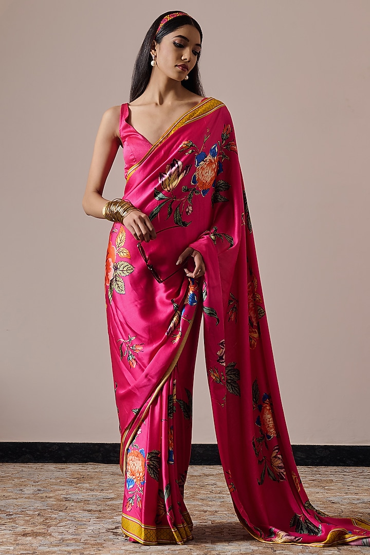 Fuchsia Pink Satin Floral Digital Printed Saree Set by Irrau by Samir Mantri at Pernia's Pop Up Shop