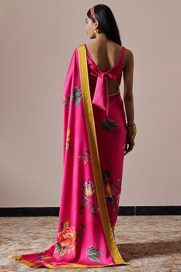 Fuchsia Pink Satin Floral Digital Printed Party Wear Saree Set by Irrau by Samir Mantri at Pernia's Pop Up Shop