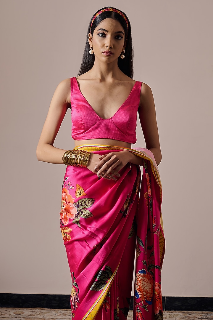 Fuchsia Pink Satin Floral Digital Printed Party Wear Saree Set by Irrau by Samir Mantri at Pernia's Pop Up Shop