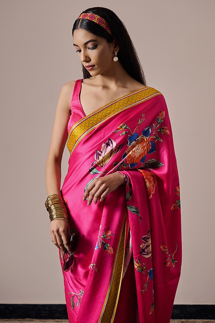 Fuchsia Pink Satin Floral Digital Printed Party Wear Saree Set by Irrau by Samir Mantri at Pernia's Pop Up Shop
