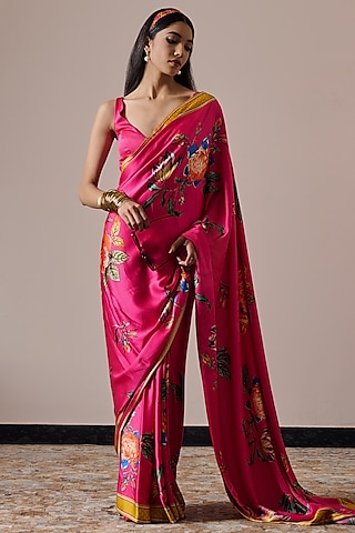 Fuchsia Pink Satin Floral Digital Printed Saree by Irrau by Samir Mantri
