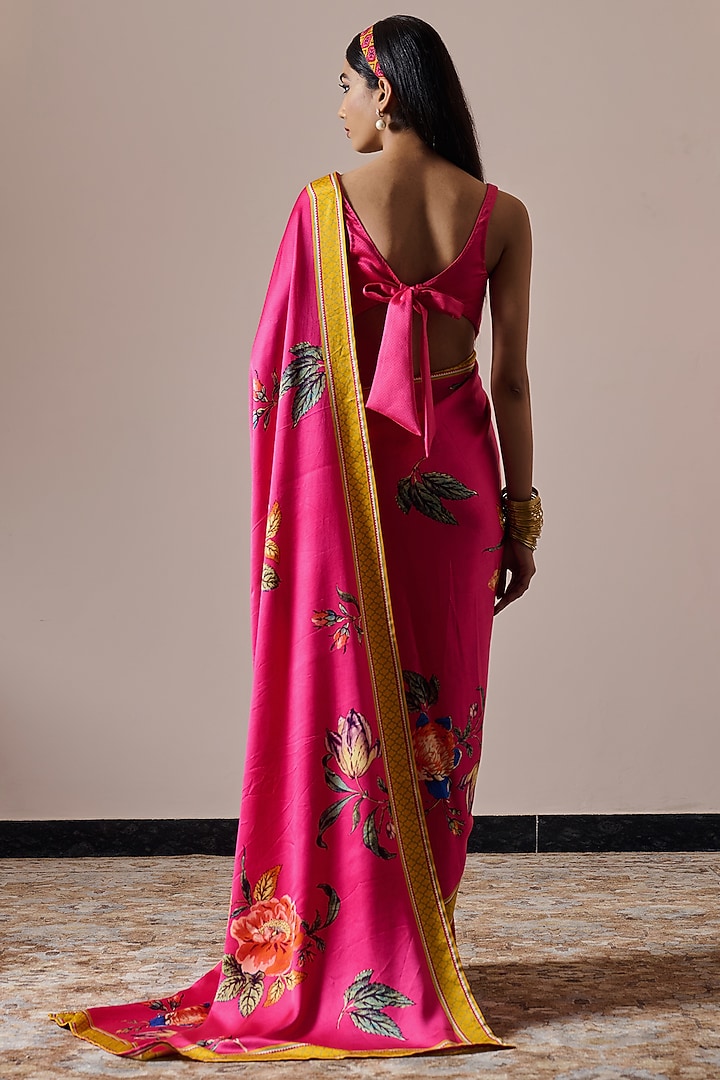 Fuchsia Pink Satin Floral Digital Printed Festive Saree by Irrau by Samir Mantri at Pernia's Pop Up Shop