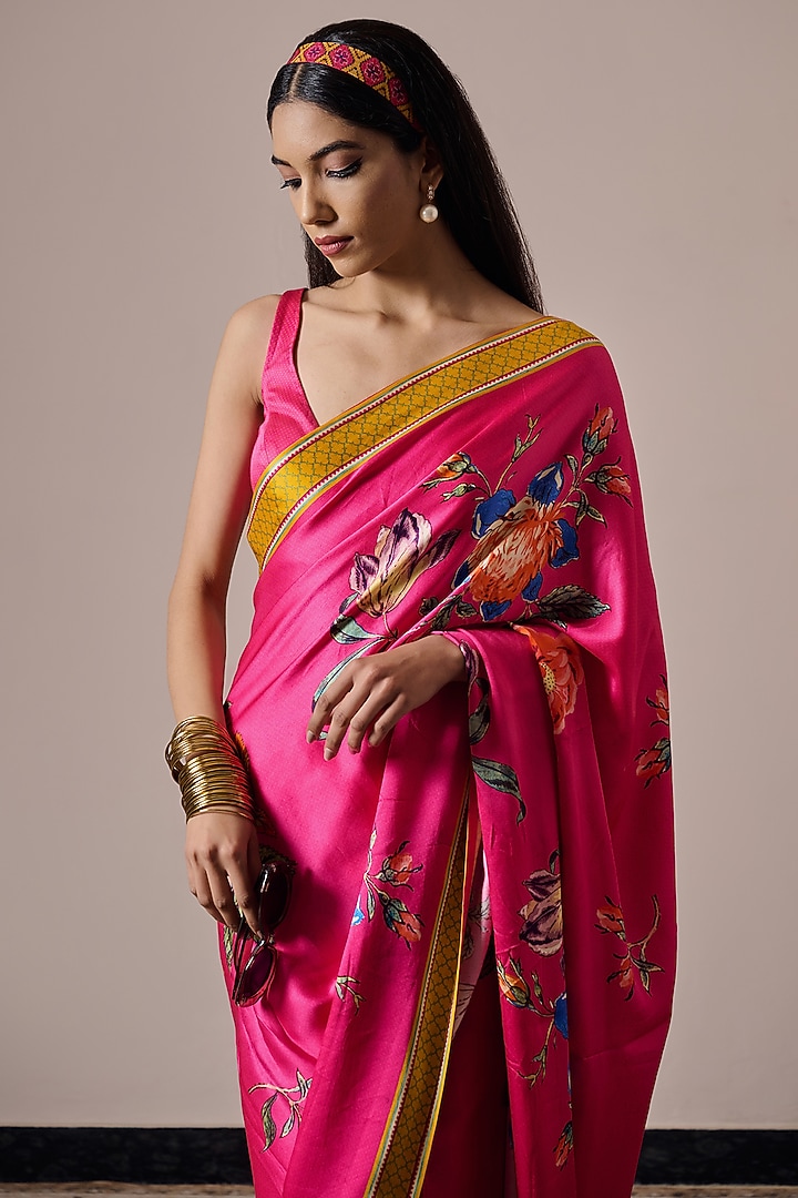 Fuchsia Pink Satin Floral Digital Printed Festive Saree by Irrau by Samir Mantri at Pernia's Pop Up Shop