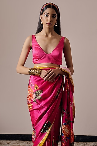 Fuchsia Pink Satin Digital Printed Blouse by Irrau by Samir Mantri