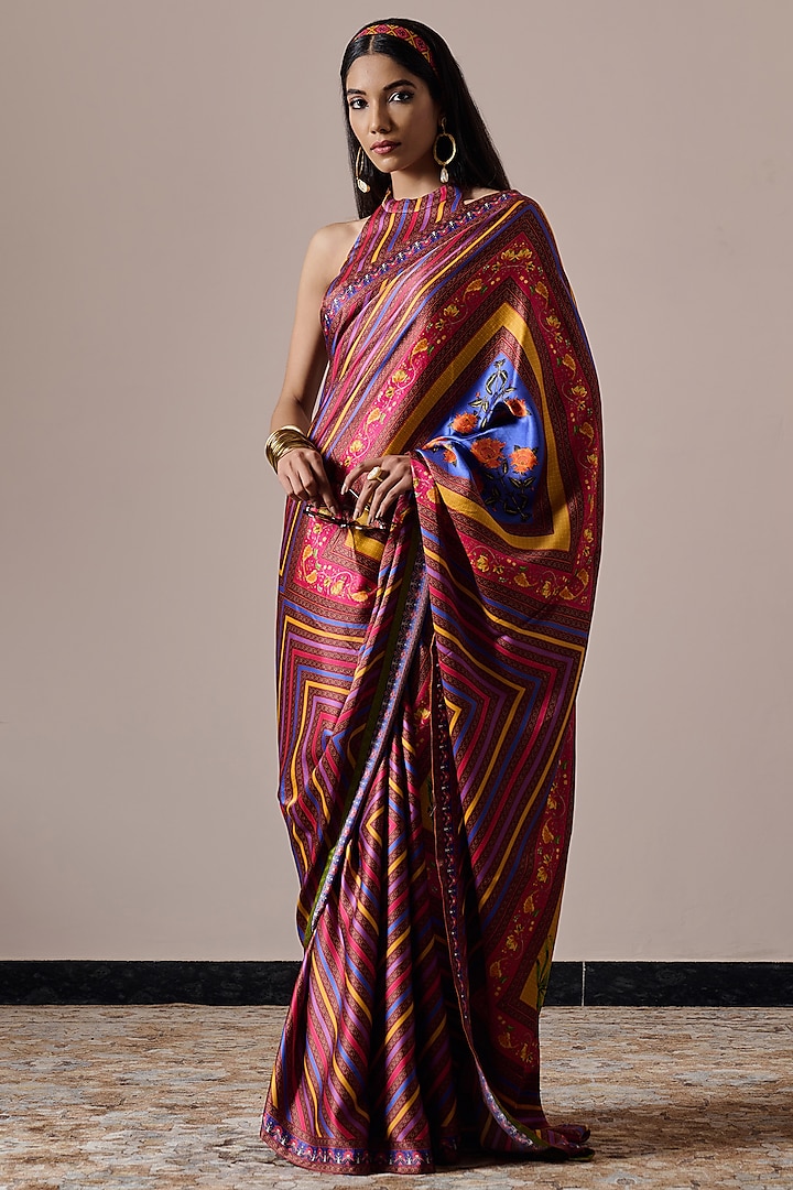 Multi-Colored Satin Striped Digital Printed Saree Set by Irrau by Samir Mantri at Pernia's Pop Up Shop